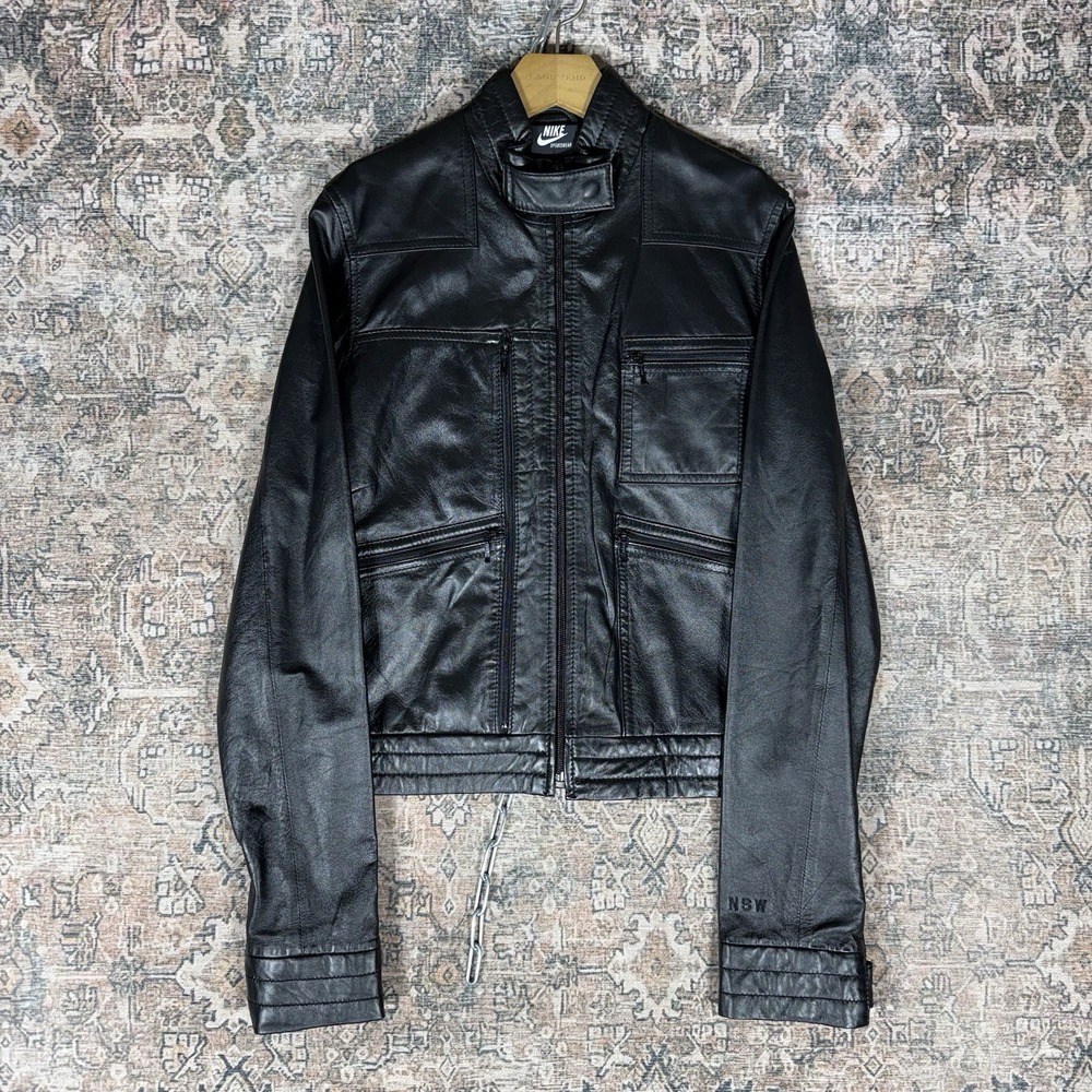 Nike Sportswear Black Leather Jacket Womens Small Cropped Moto NSW